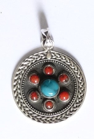 Ronde zilveren hanget met turkoois en 6 koralen